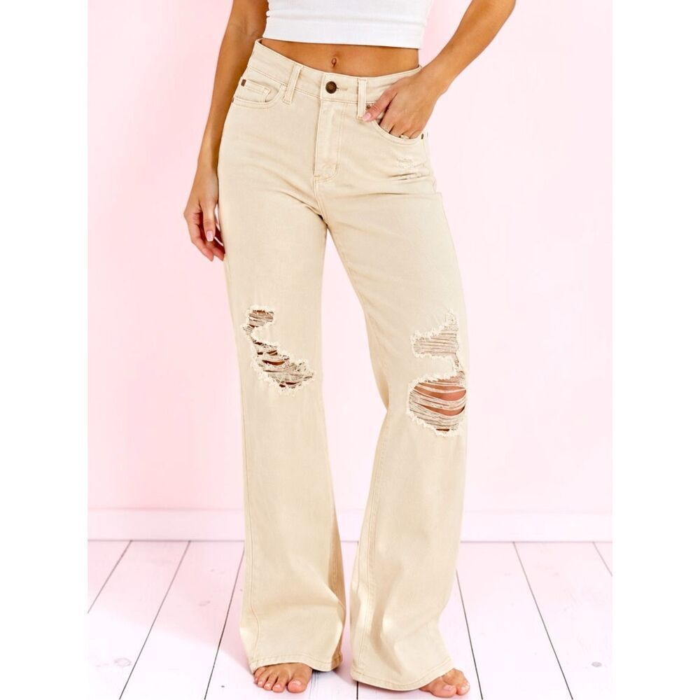Judy Blue Bone Beige High Rise Distressed 90s Straight Wide Leg Jeans NWT